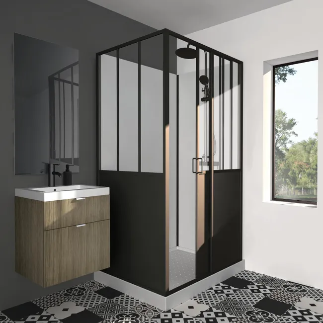 Cabine de douche d'angle industrielle L.120 x l.90 cm noir – Image 5